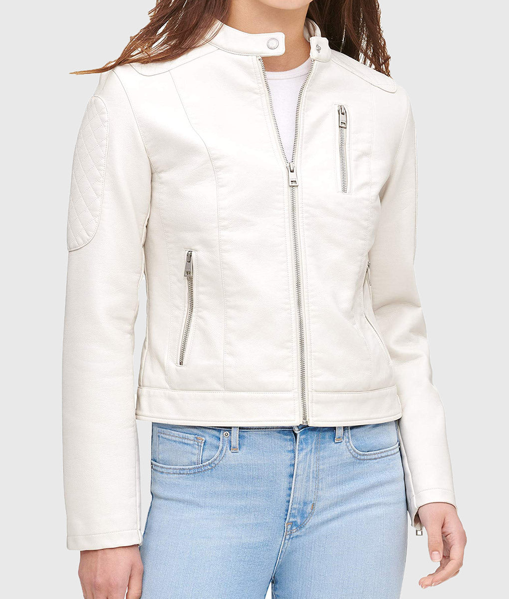 Women Genuine Leather Jacket, Quilted Moto Cafe Racer Female Leather Jacket, Stand UP Collar Jacket