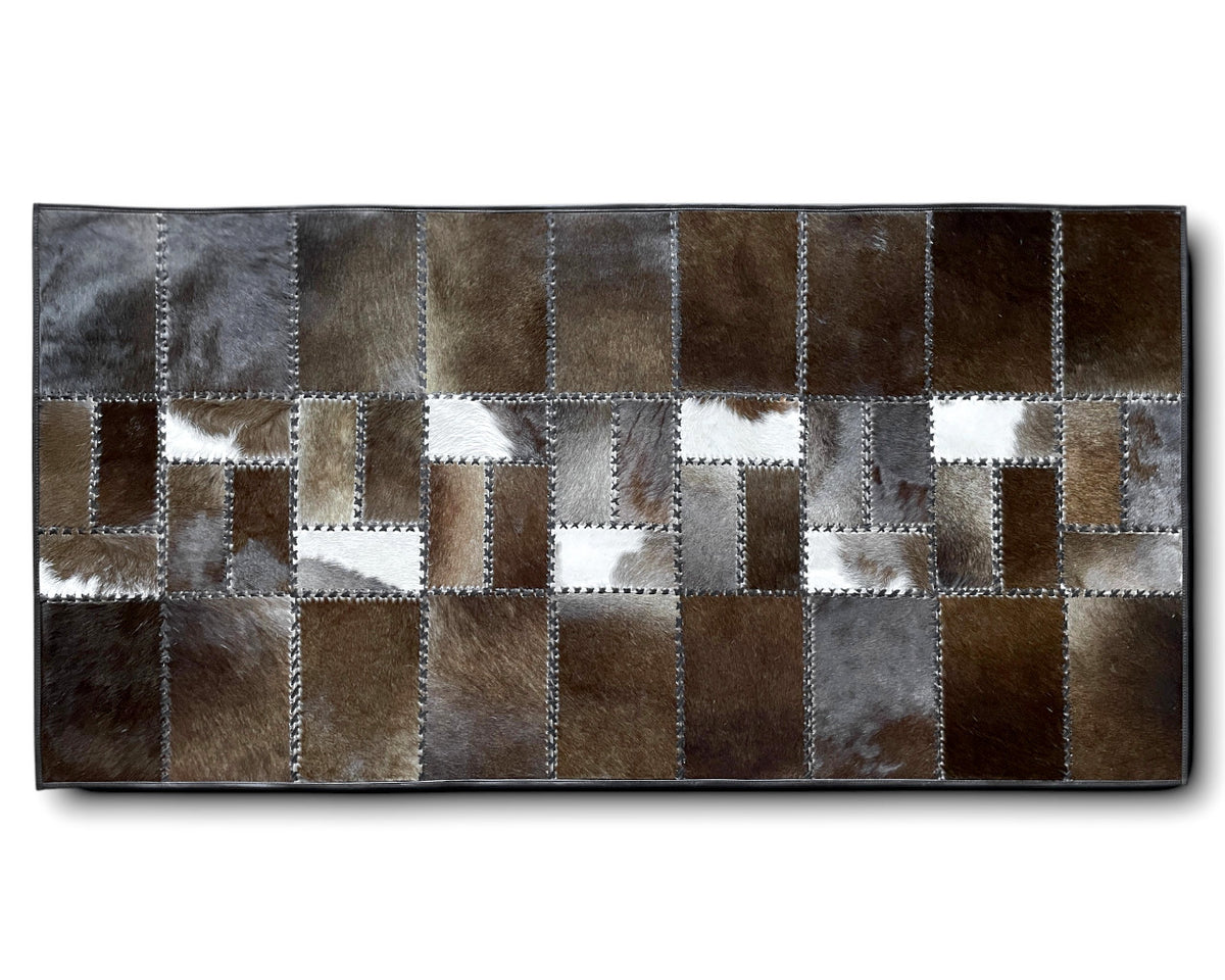 Espresso Brown & Slate Grey Cowhide Runner – Hand-Laced Geometric Patchwork Hallway Rug