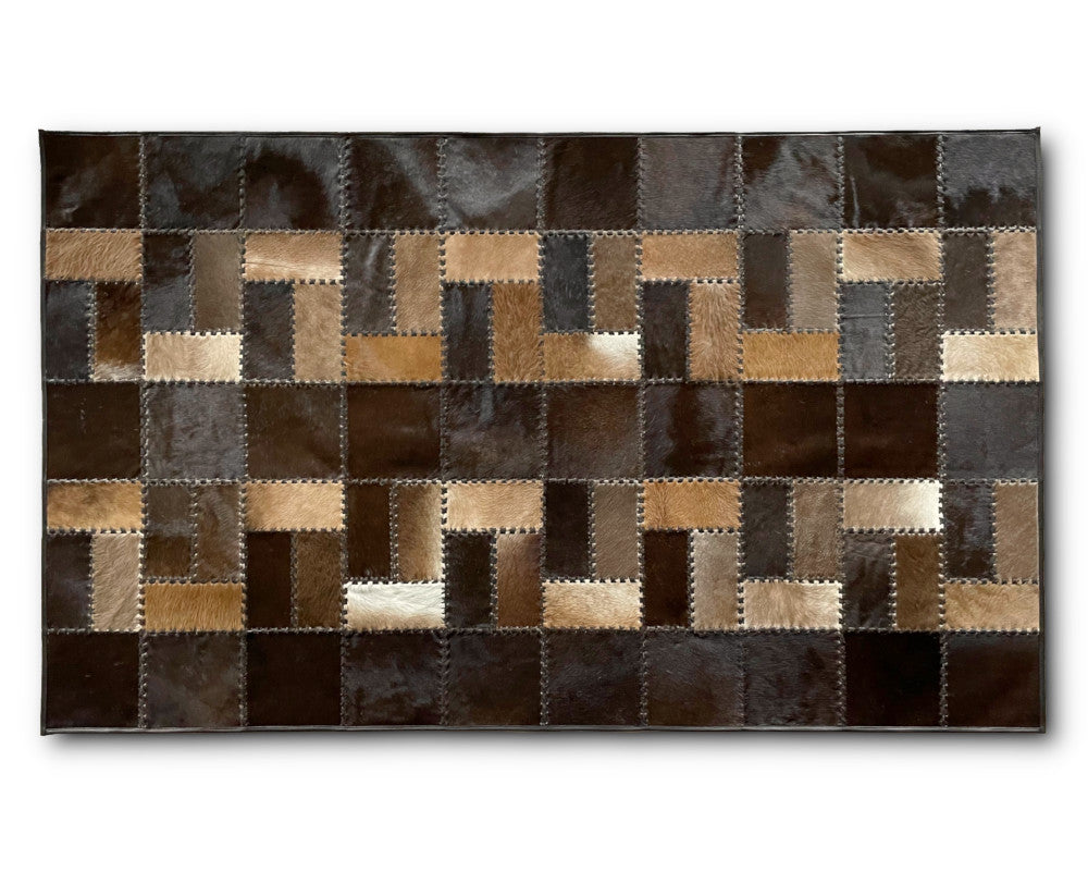 Espresso &amp; Tan Cowhide Rug – Hand-Laced Geometric Patchwork Area Rug