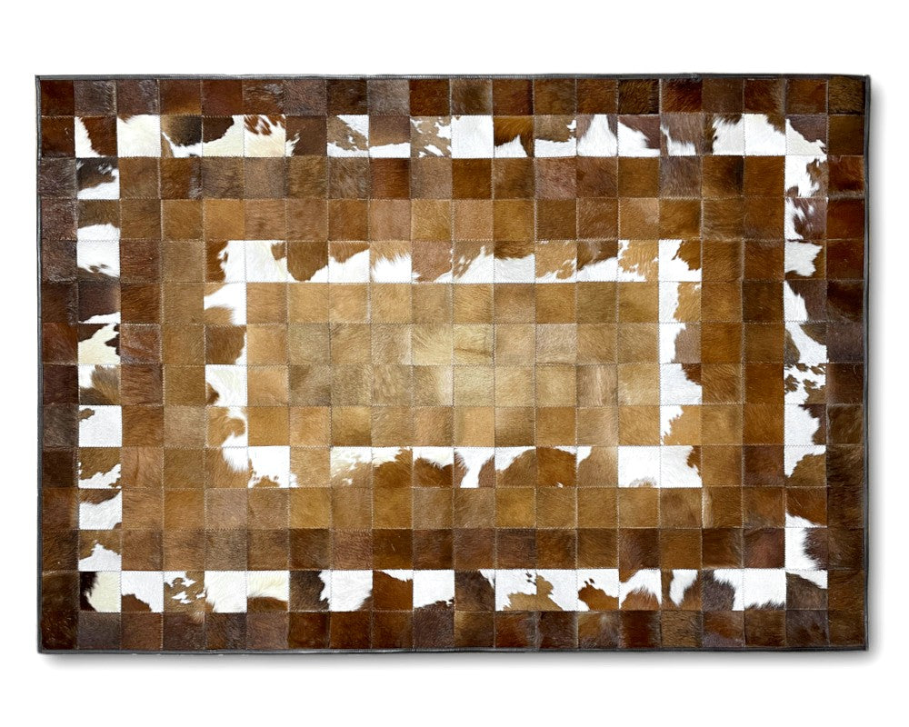 Golden Tan Cowhide Patchwork Rug – Brown & White Spotted Geometric Mosaic Area Rug