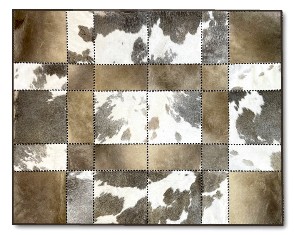 Greige & White Cowhide Rug – Hand-Laced Spotted Patchwork Area Rug