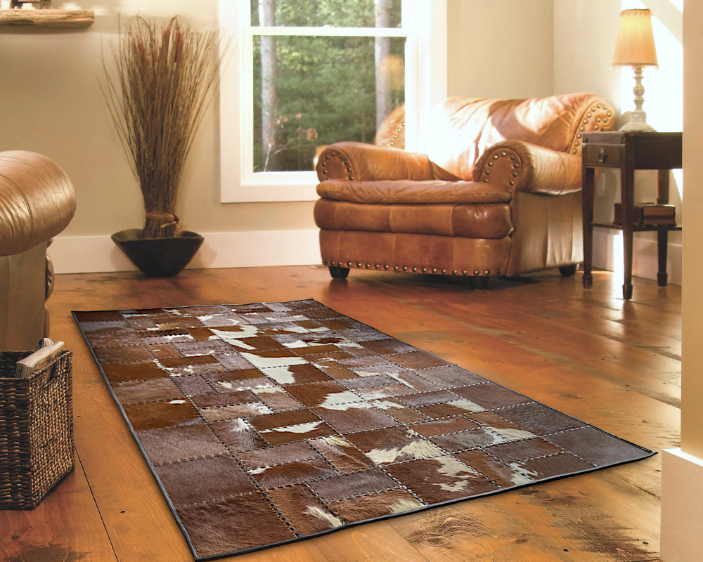 Chestnut Mosaic Cowhide Rug – Hand-Laced Brown & White Patchwork Area Rug