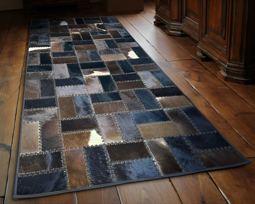 Woven Mosaic Cowhide Rug – Hand-Laced Dark Multicolor Patchwork Area Rug