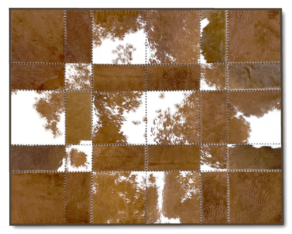 Honey Brown &amp; White Cowhide Rug – Hand-Laced Spotted Patchwork Area Rug