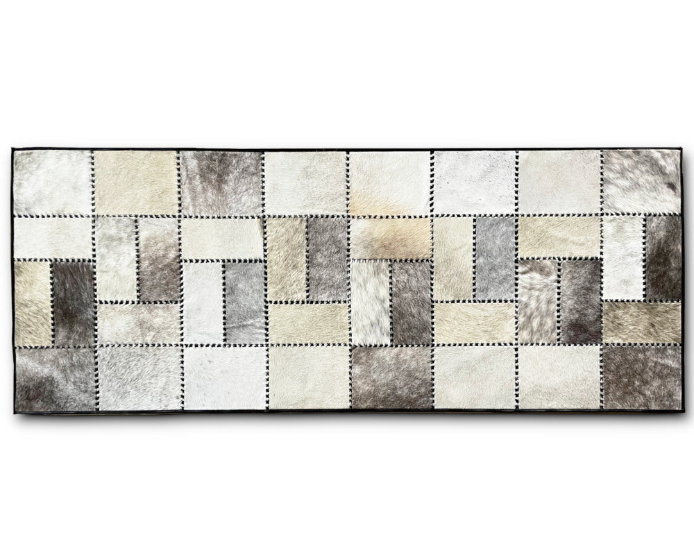Ivory & Silver Grey Cowhide Runner – Hand-Laced Geometric Leather Patchwork Rug