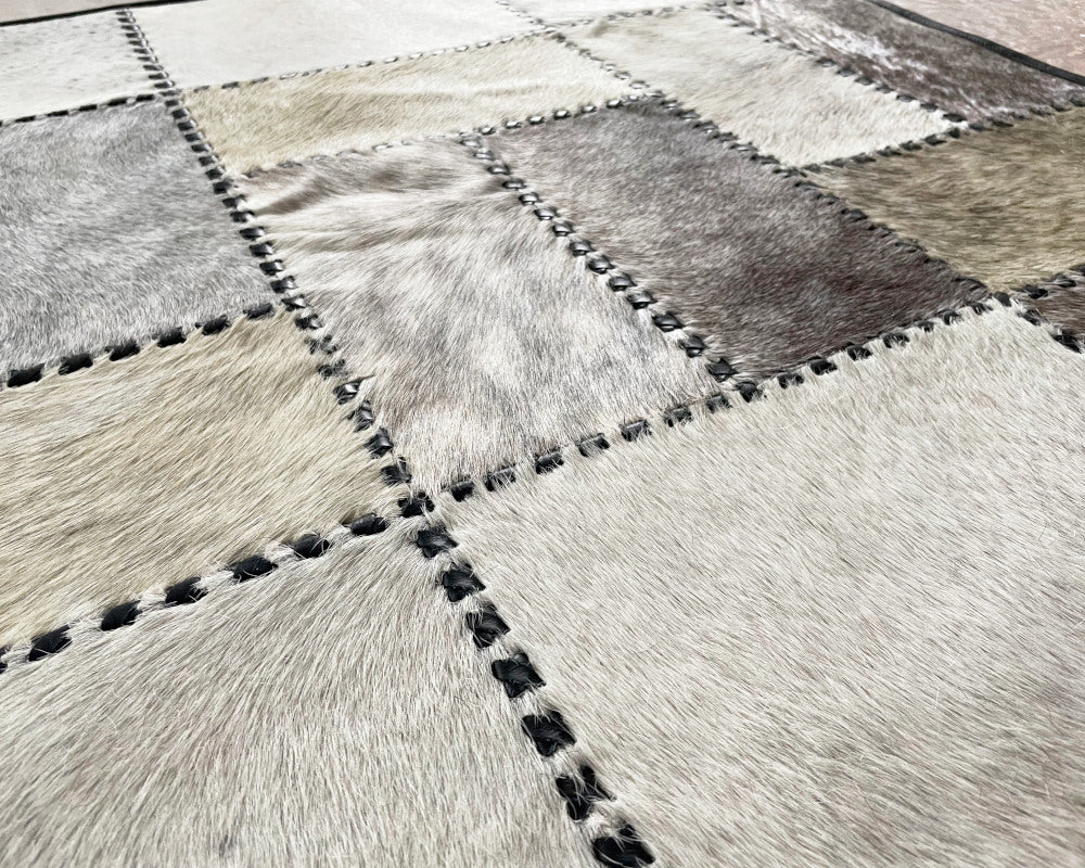 Ivory & Silver Grey Cowhide Runner – Hand-Laced Geometric Leather Patchwork Rug
