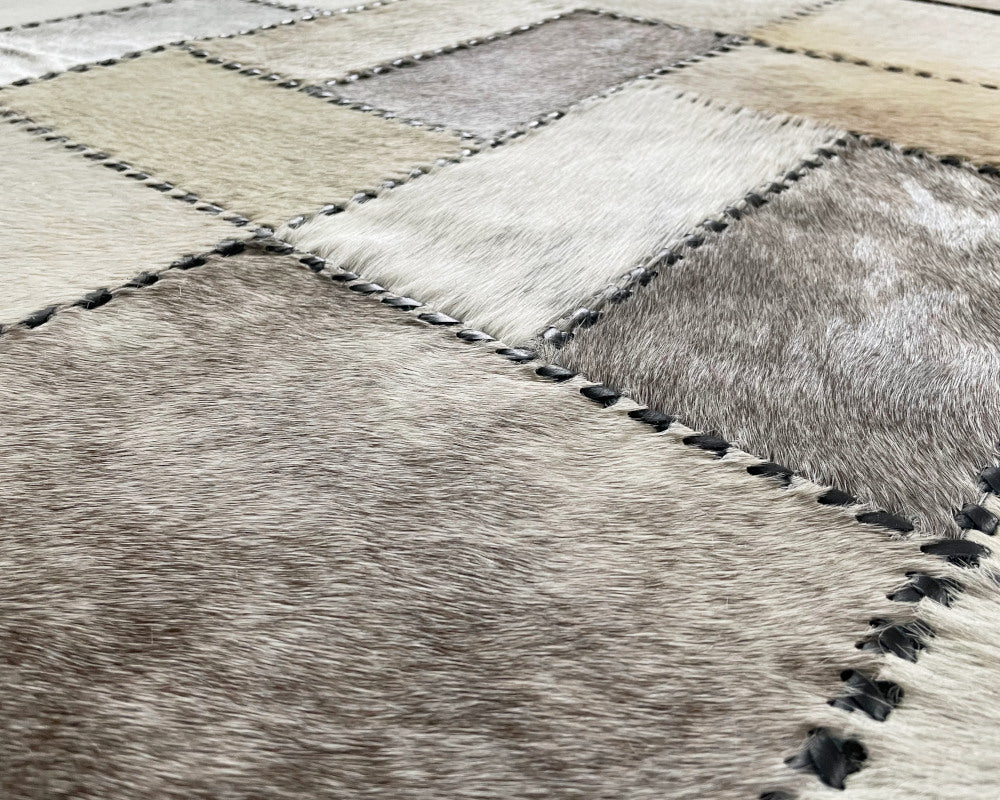 Ivory & Silver Grey Cowhide Runner – Hand-Laced Geometric Leather Patchwork Rug