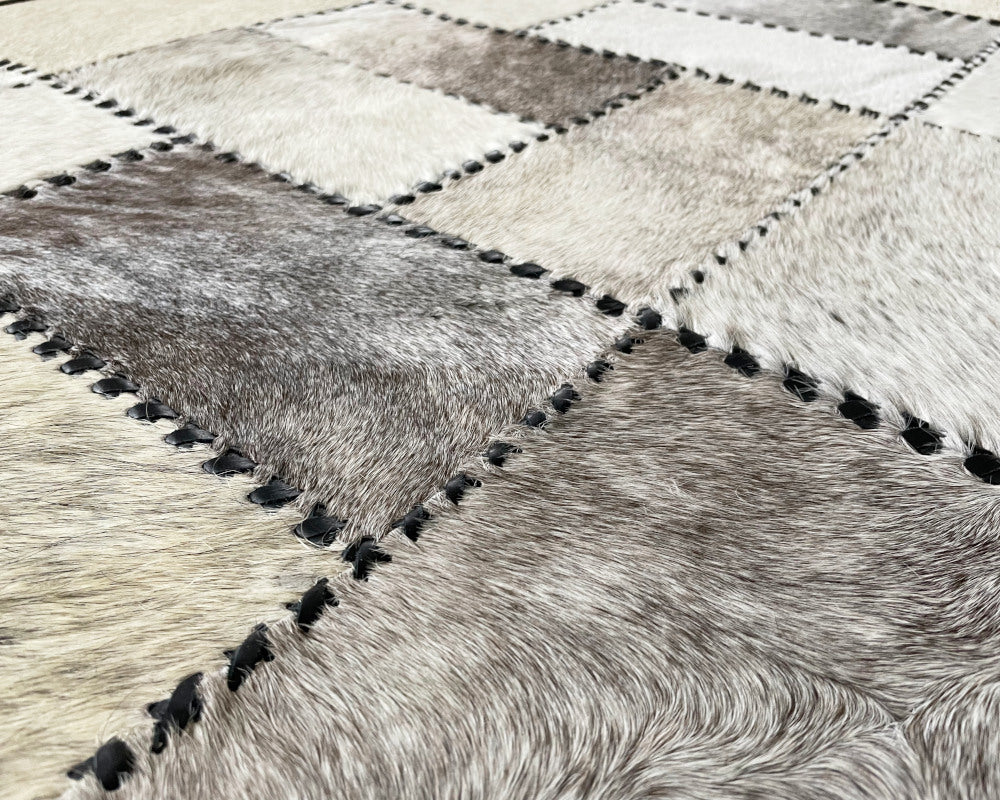 Ivory & Silver Grey Cowhide Runner – Hand-Laced Geometric Leather Patchwork Rug