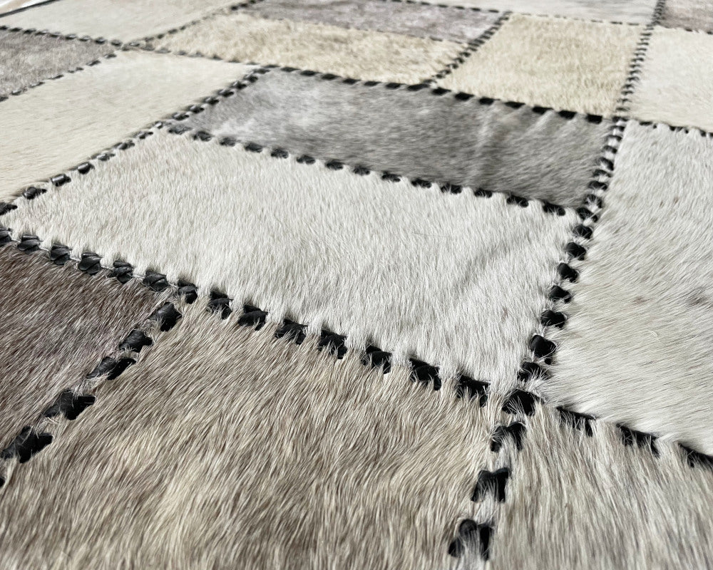 Ivory & Silver Grey Cowhide Runner – Hand-Laced Geometric Leather Patchwork Rug