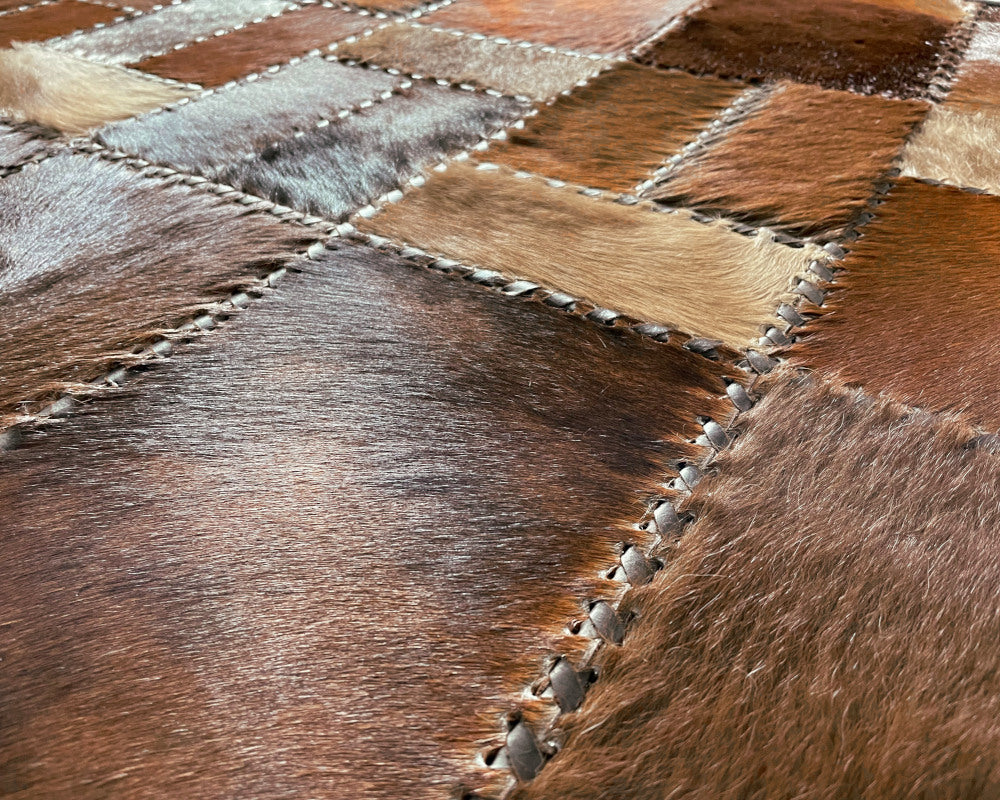Chestnut Brown Cowhide Hallway Runner – Hand-Laced Basketweave Patchwork Leather Rug