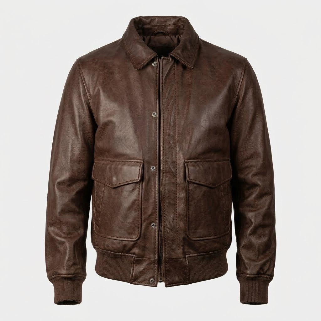 Men’s Genuine Leather Bomber Jacket with Cuffs & Pockets in dark brown color.