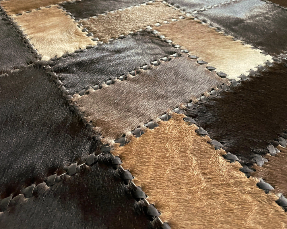Espresso & Tan Cowhide Rug – Hand-Laced Geometric Patchwork Area Rug