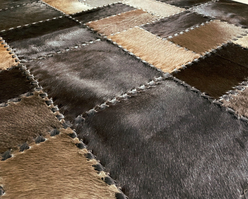 Espresso & Tan Cowhide Rug – Hand-Laced Geometric Patchwork Area Rug
