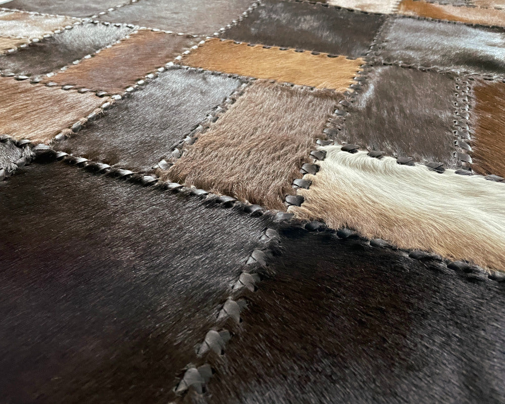 Espresso & Tan Cowhide Rug – Hand-Laced Geometric Patchwork Area Rug