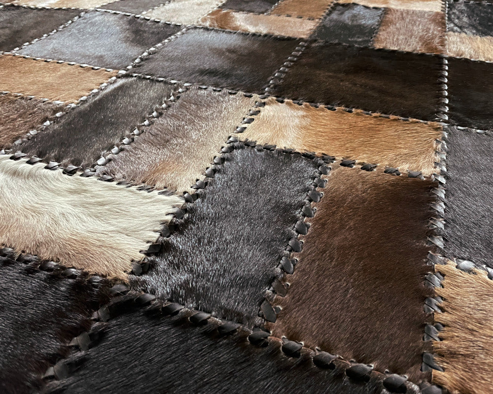 Espresso & Tan Cowhide Rug – Hand-Laced Geometric Patchwork Area Rug