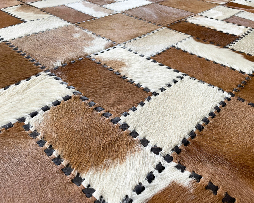 Saddle Brown & Ivory Cowhide Rug – Hand-Laced Woven Patchwork Area Rug