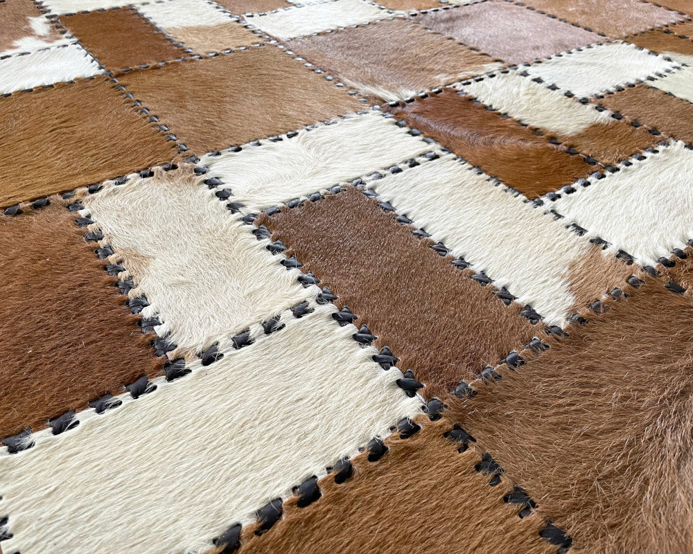 Saddle Brown & Ivory Cowhide Rug – Hand-Laced Woven Patchwork Area Rug