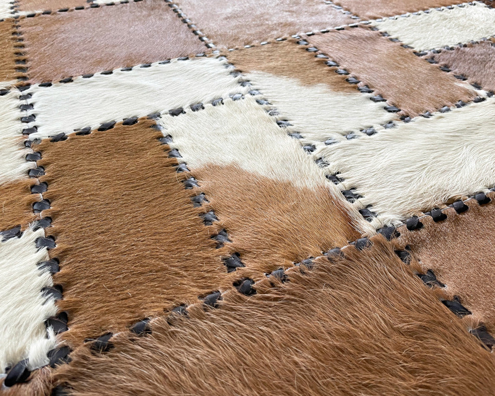 Saddle Brown & Ivory Cowhide Rug – Hand-Laced Woven Patchwork Area Rug