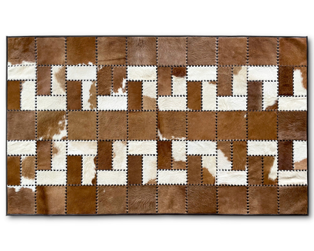Saddle Brown & Ivory Cowhide Rug – Hand-Laced Woven Patchwork Area Rug