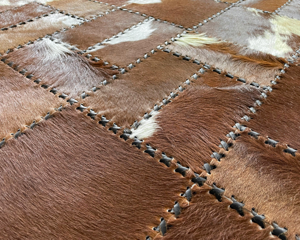 Chestnut Mosaic Cowhide Rug – Hand-Laced Brown & White Patchwork Area Rug