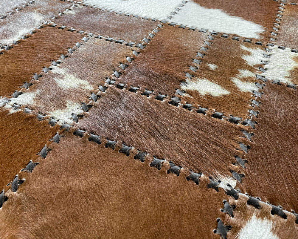 Chestnut Mosaic Cowhide Rug – Hand-Laced Brown & White Patchwork Area Rug