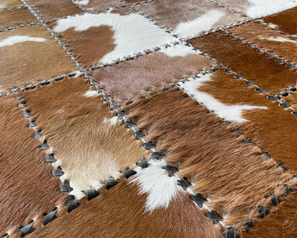 Chestnut Mosaic Cowhide Rug – Hand-Laced Brown & White Patchwork Area Rug