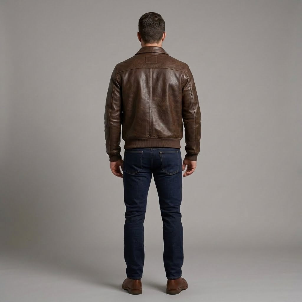 Back view of the Men’s Genuine Leather Bomber Jacket with Cuffs & Pockets.
