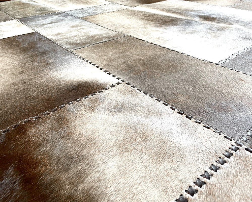 Sandstone Taupe Cowhide Rug – Hand-Laced Tonal Patchwork Area Rug