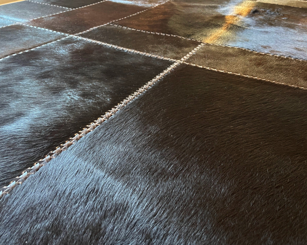 Burnished Brown & Charcoal Cowhide Rug – Hand-Laced Framed Patchwork Area Rug