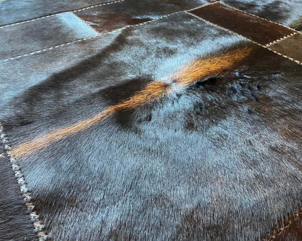 Burnished Brown & Charcoal Cowhide Rug – Hand-Laced Framed Patchwork Area Rug