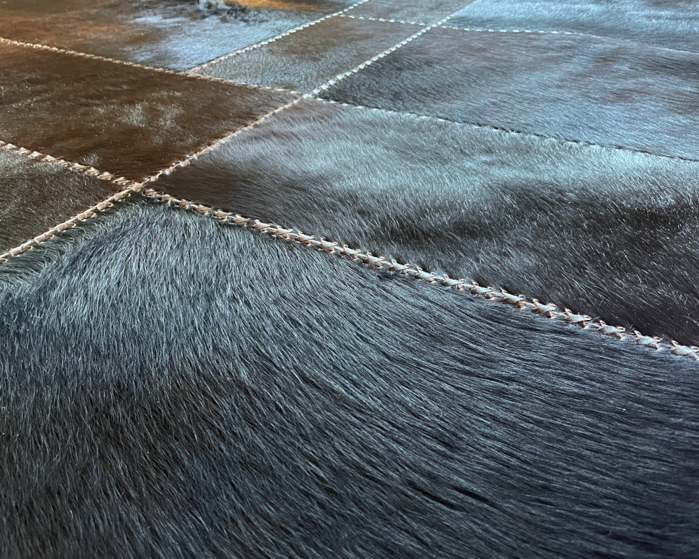 Burnished Brown & Charcoal Cowhide Rug – Hand-Laced Framed Patchwork Area Rug