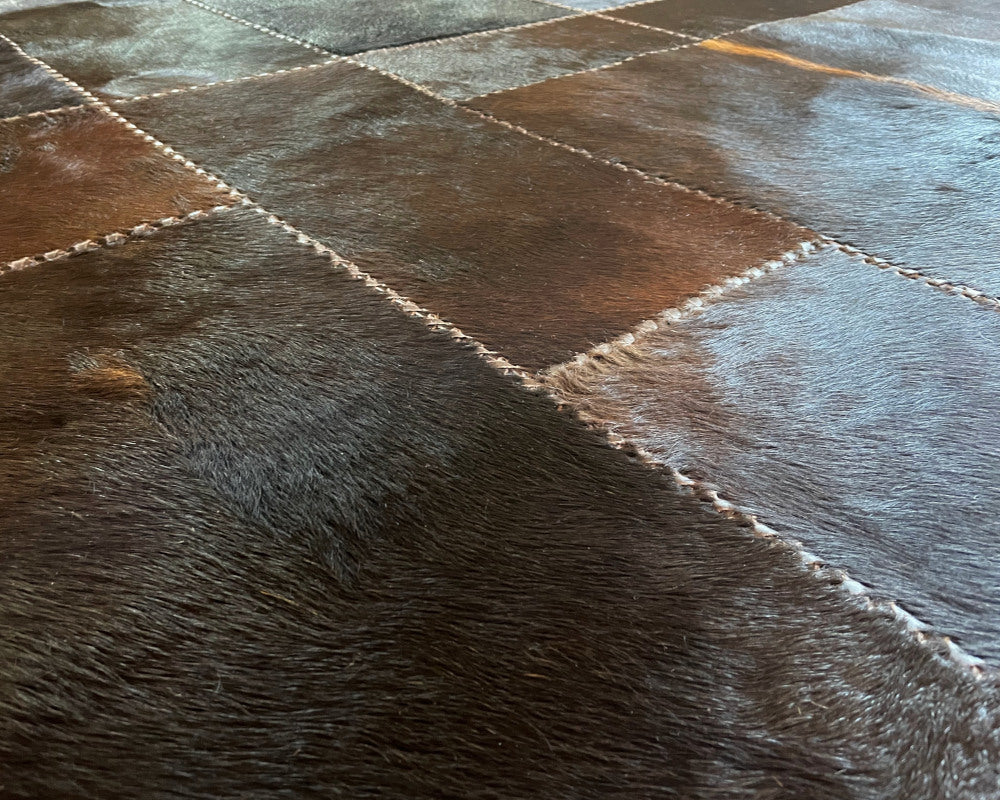 Burnished Brown & Charcoal Cowhide Rug – Hand-Laced Framed Patchwork Area Rug