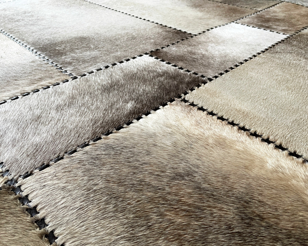 Sandstone Taupe Cowhide Rug – Hand-Laced Tonal Patchwork Area Rug