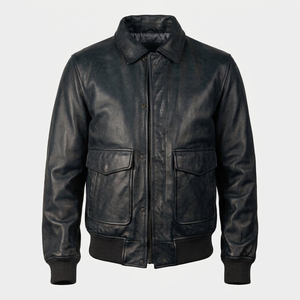 Men’s Genuine Leather Bomber Jacket with Cuffs & Pockets in black color.