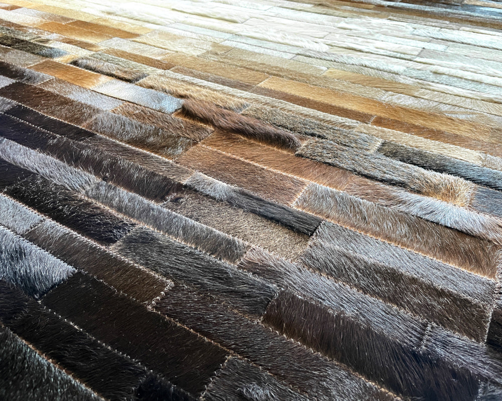 Vertical Ombre Cowhide Patchwork Rug – Ivory, Cognac Brown & Black Striped Leather Area Rug