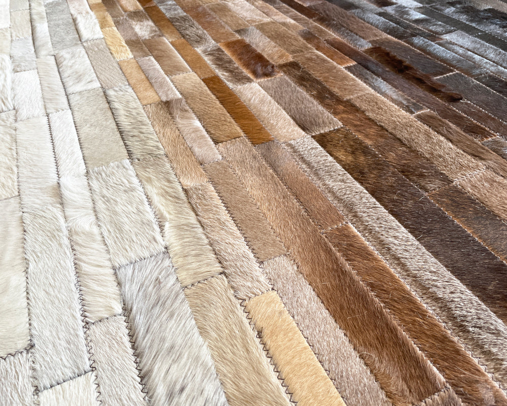 Vertical Ombre Cowhide Patchwork Rug – Ivory, Cognac Brown & Black Striped Leather Area Rug