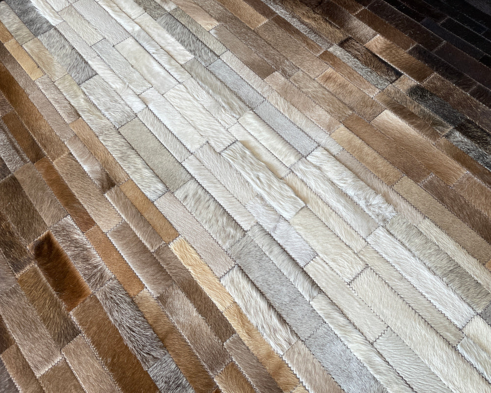 Vertical Ombre Cowhide Patchwork Rug – Ivory, Cognac Brown & Black Striped Leather Area Rug