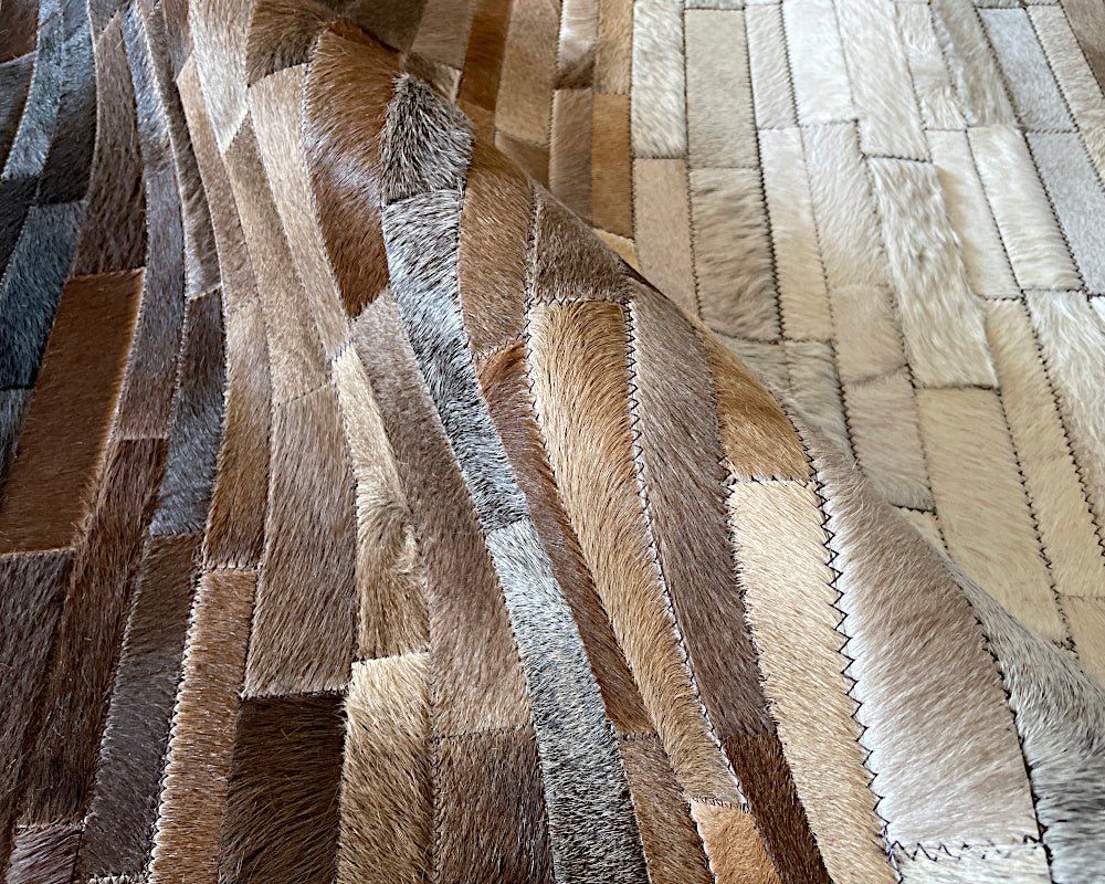 Vertical Ombre Cowhide Patchwork Rug – Ivory, Cognac Brown & Black Striped Leather Area Rug