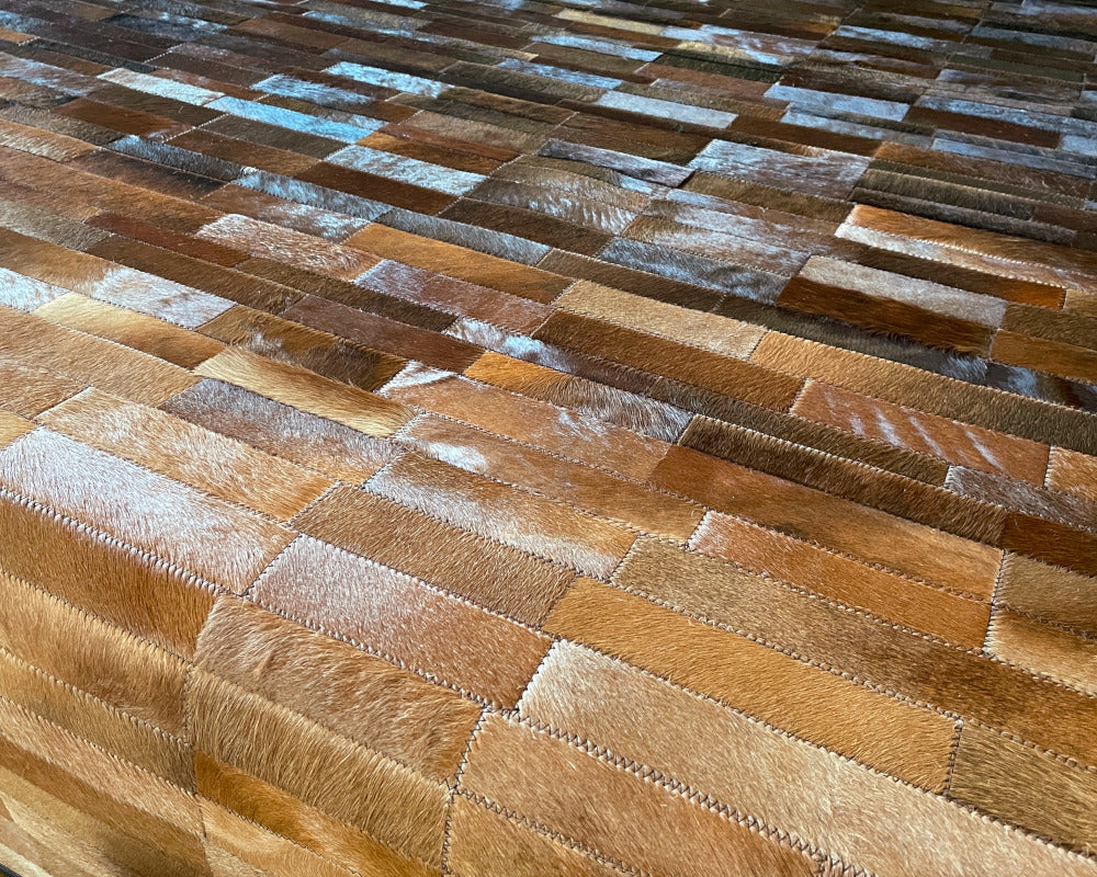 Black to Cognac Brown Ombre Cowhide Rug – Vertical Strip Patchwork Leather Area Rug