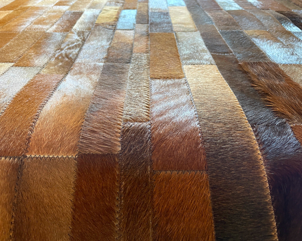 Black to Cognac Brown Ombre Cowhide Rug – Vertical Strip Patchwork Leather Area Rug