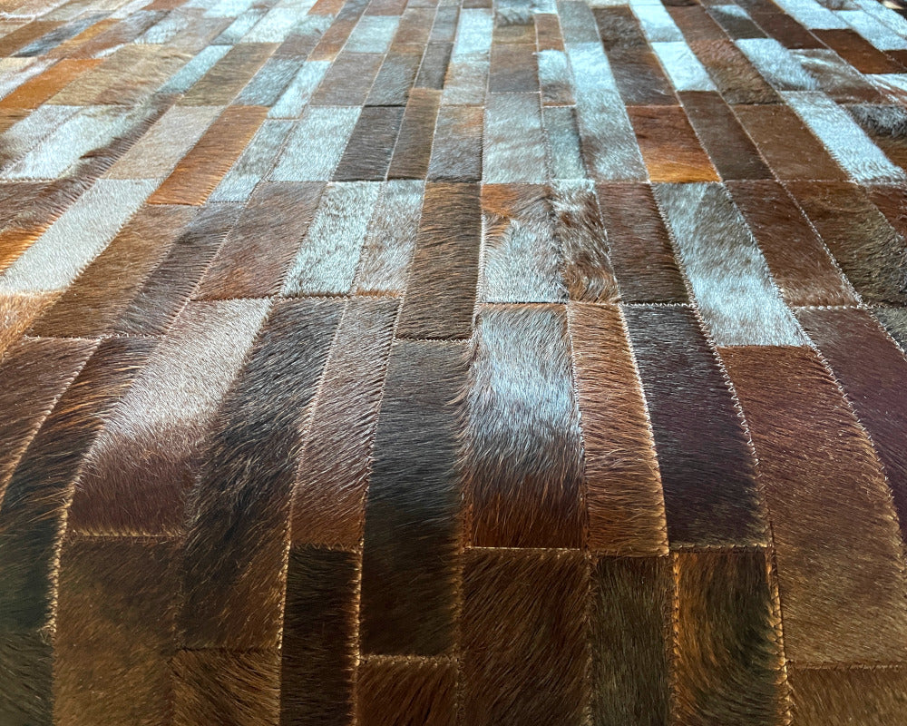 Black to Cognac Brown Ombre Cowhide Rug – Vertical Strip Patchwork Leather Area Rug
