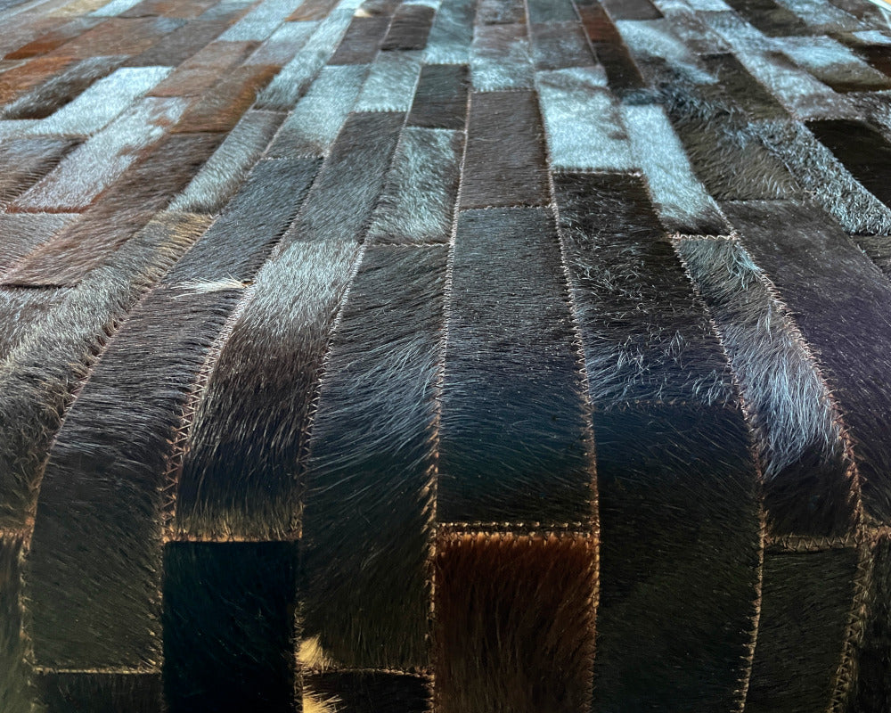 Black to Cognac Brown Ombre Cowhide Rug – Vertical Strip Patchwork Leather Area Rug