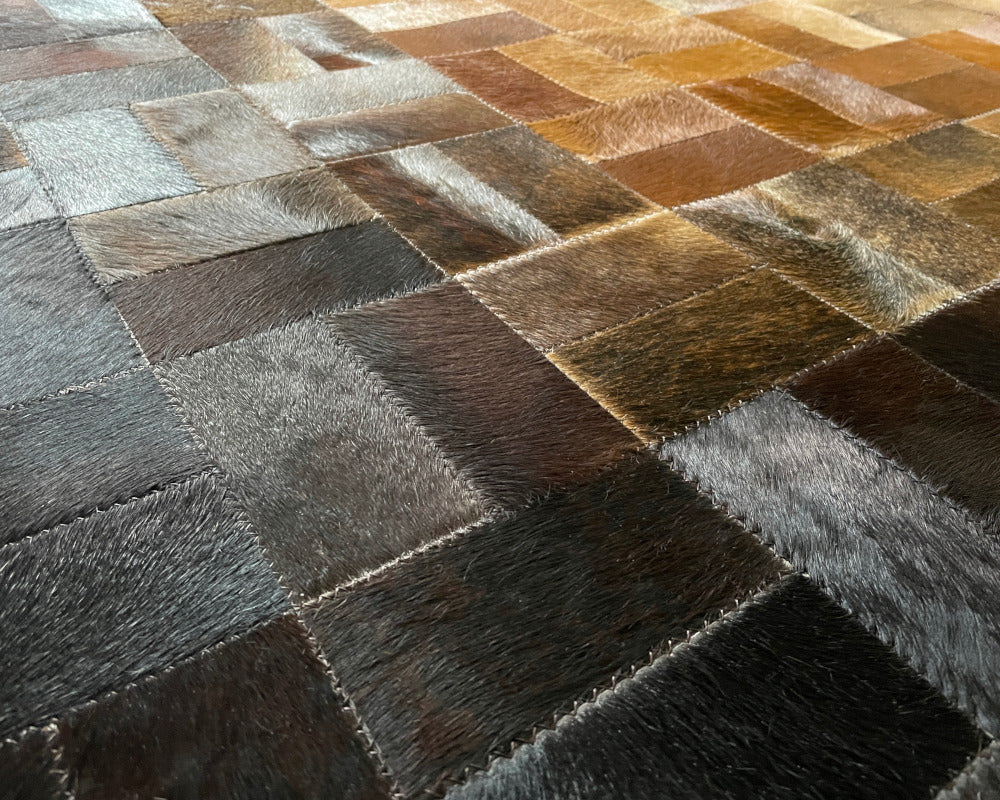 Sunburst Gradient Cowhide Patchwork Rug – Copper Tan & Charcoal Geometric Mosaic Area Rug