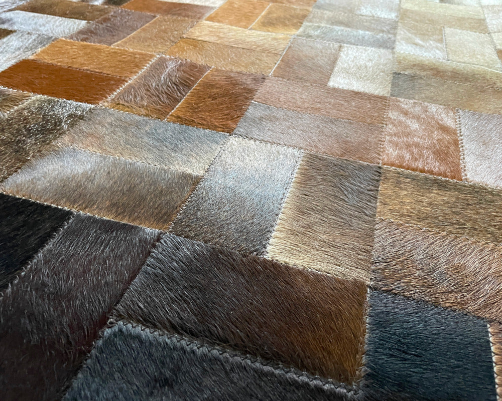 Sunburst Gradient Cowhide Patchwork Rug – Copper Tan & Charcoal Geometric Mosaic Area Rug