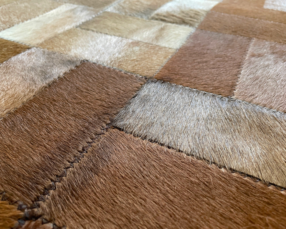 Sunburst Gradient Cowhide Patchwork Rug – Copper Tan & Charcoal Geometric Mosaic Area Rug