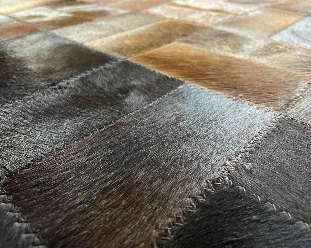 Sunburst Gradient Cowhide Patchwork Rug – Copper Tan & Charcoal Geometric Mosaic Area Rug