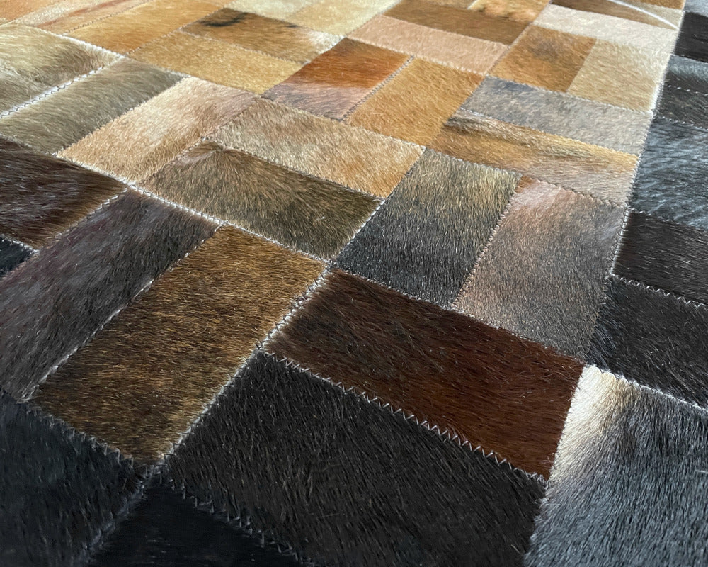 Sunburst Gradient Cowhide Patchwork Rug – Copper Tan & Charcoal Geometric Mosaic Area Rug