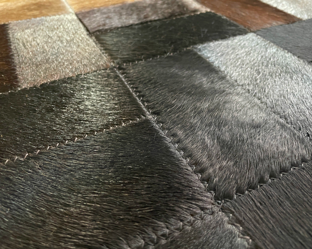 Sunburst Gradient Cowhide Patchwork Rug – Copper Tan & Charcoal Geometric Mosaic Area Rug