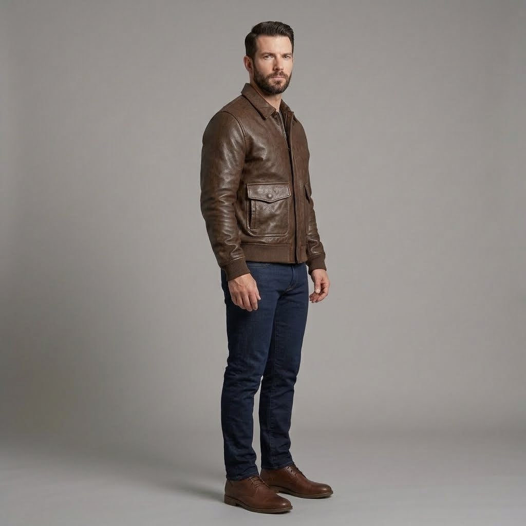 Three-Quarter view of the Men’s Genuine Leather Bomber Jacket with Cuffs & Pockets.