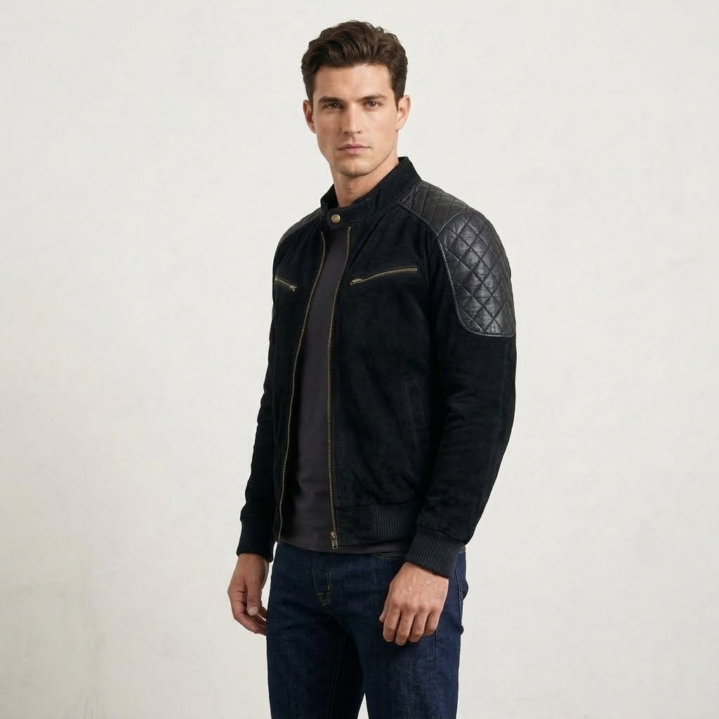 Three-Quarter view of the Men’s Leather Bomber Jacket with Quilted Shoulders.